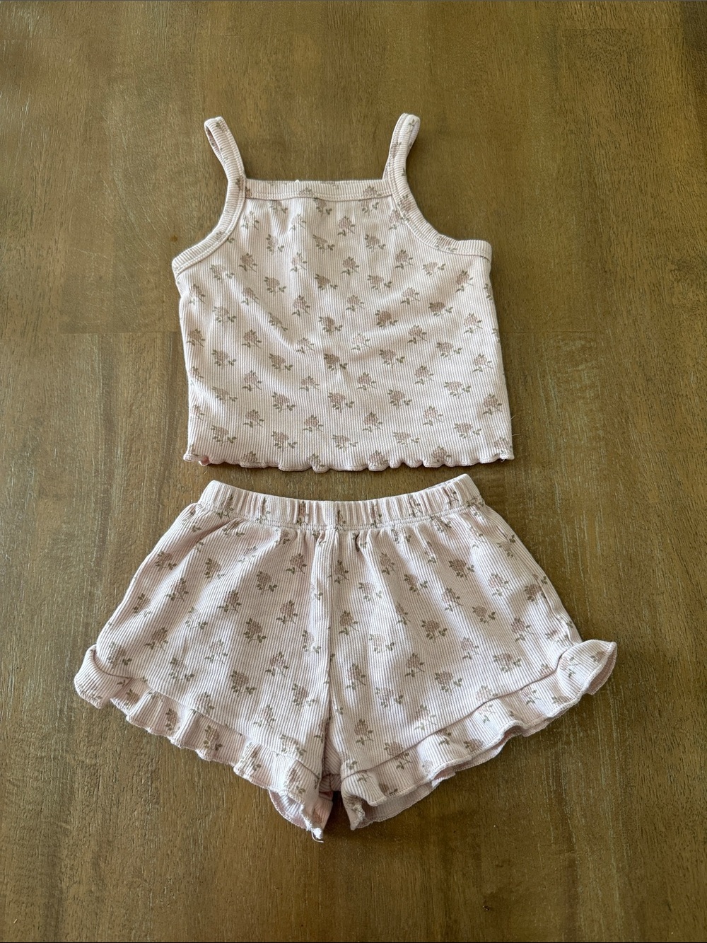 Quincy Mae Pink Floral Ribbed Tank & Ruffle Shorts Set